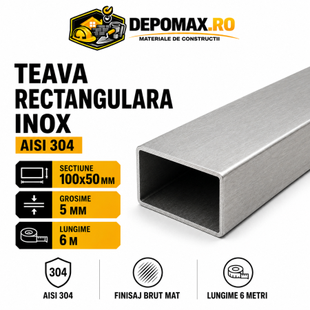 Teava rectangulara inox AISI 304, 100 x 50 x 5 mm, 6 metri